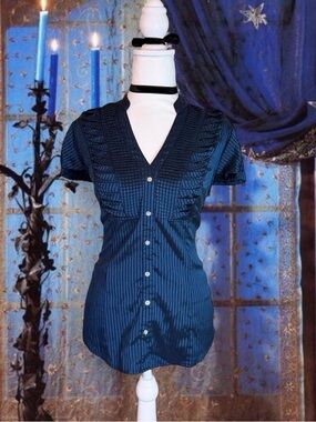 Vintage Y2K Whimsygoth Fairycore Blue & Black Striped Ruffle Button Up Top